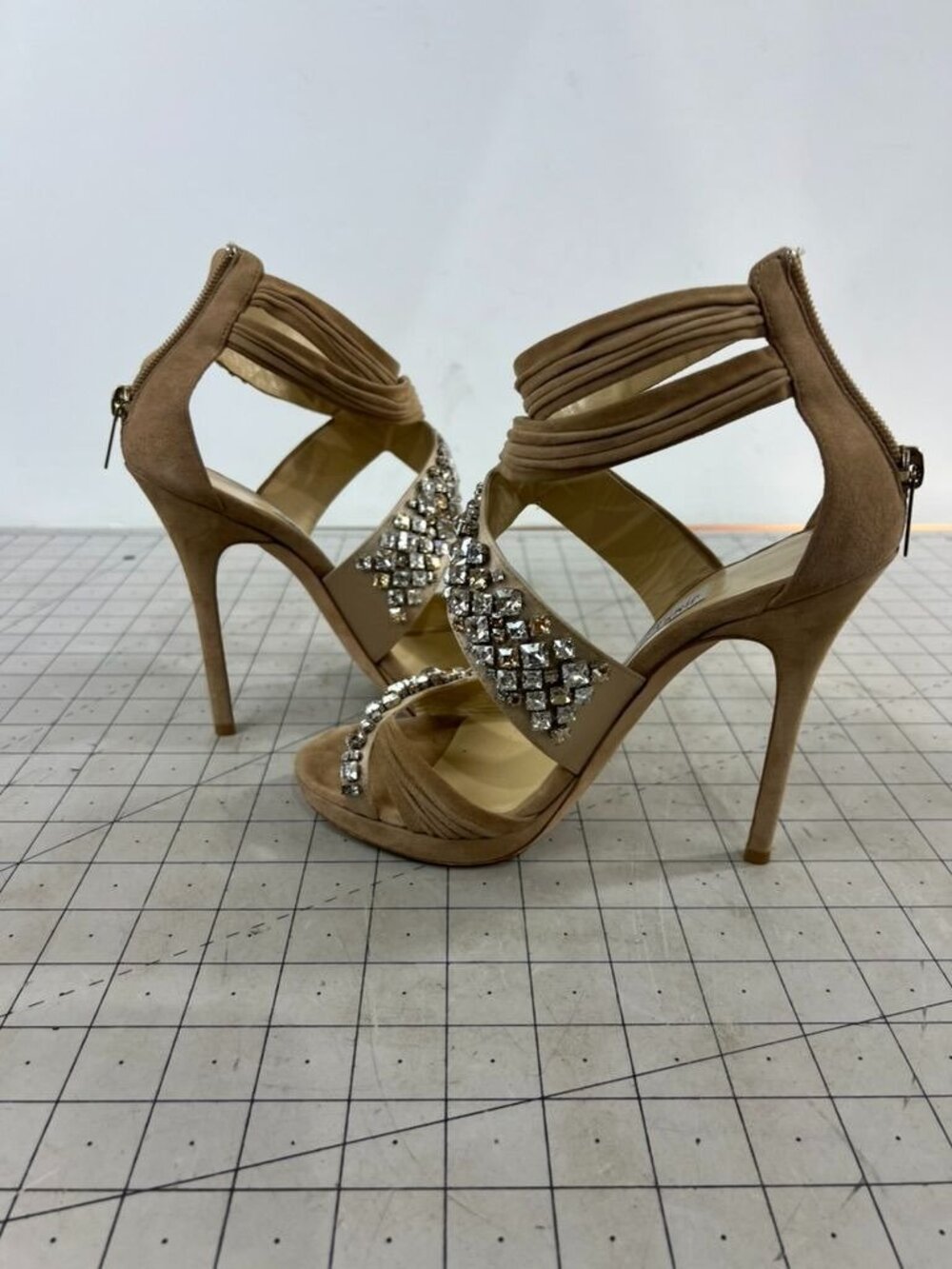 Jimmy Choo Beige Suede Crystal Embellished Strappy High Heels Zip Sz. 37.5 EU - Picture 10 of 11
